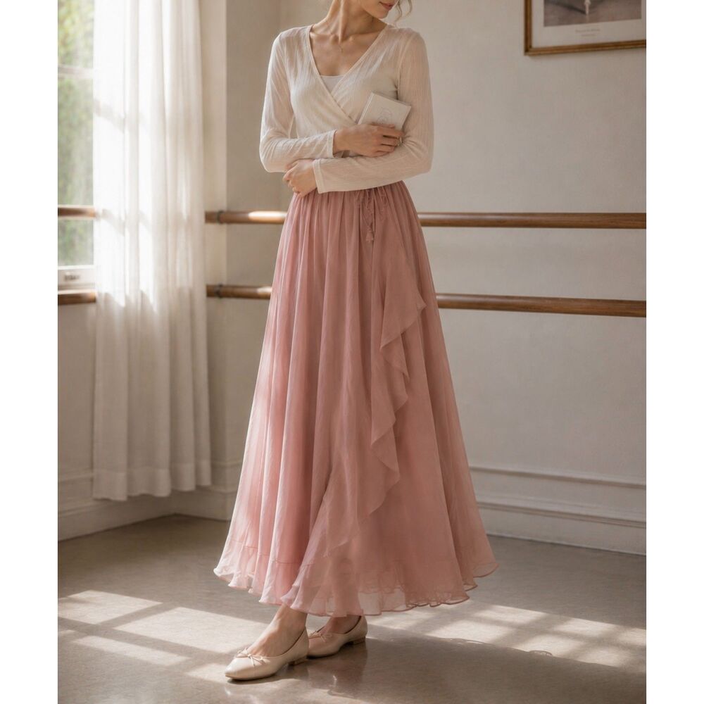 Chiffon Maxi Skirt Dusty Rose Lace Up Balletcore Size XXS